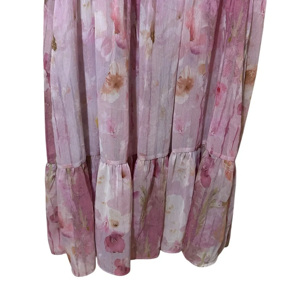 MELLODAY pink floral short sleeved sheer tiered dress shell size Medium